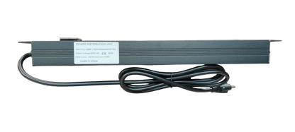 Grippes 6 gang power distribution unit with black metal housing and attached power cord