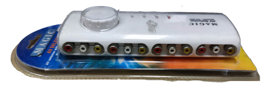 Magic audio video selector switch with multiple RCA input and output ports in white casing
