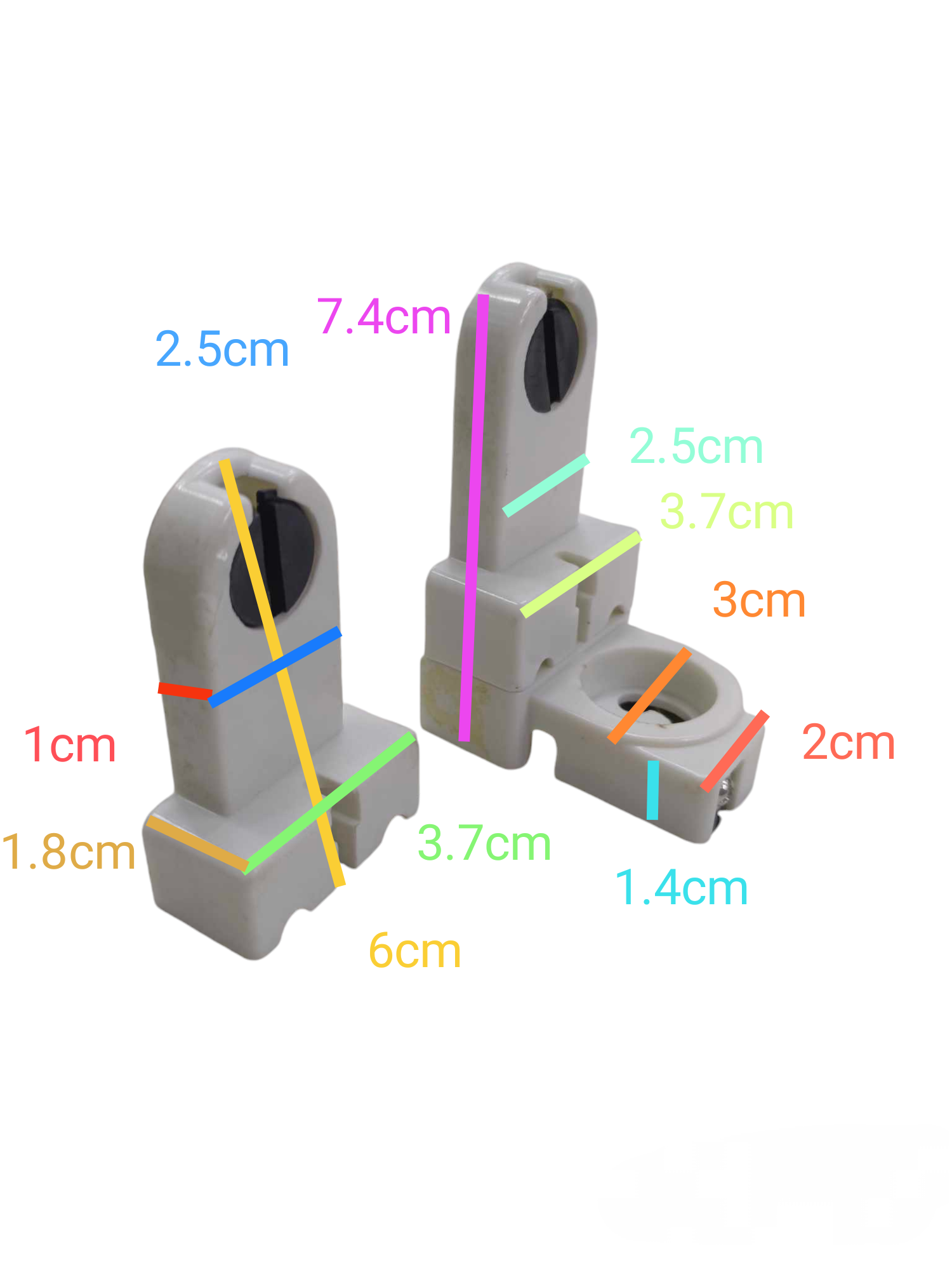 L type fluorescent lamp holder in white plastic with detailed size measurements for lighting installation