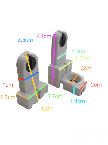 L type fluorescent lamp holder in white plastic with detailed size measurements for lighting installation
