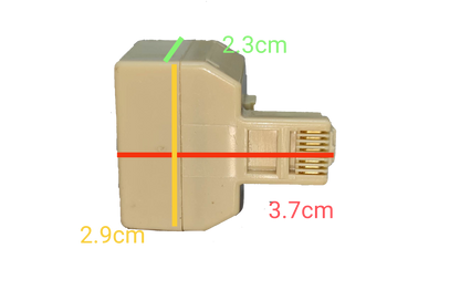LAN splitter 2 female to 1 male adapter in beige color with dimensions shown against black background
