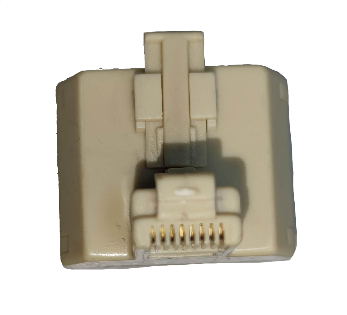 LAN splitter 2 female to 1 male white electrical circuitry part with gold connectors