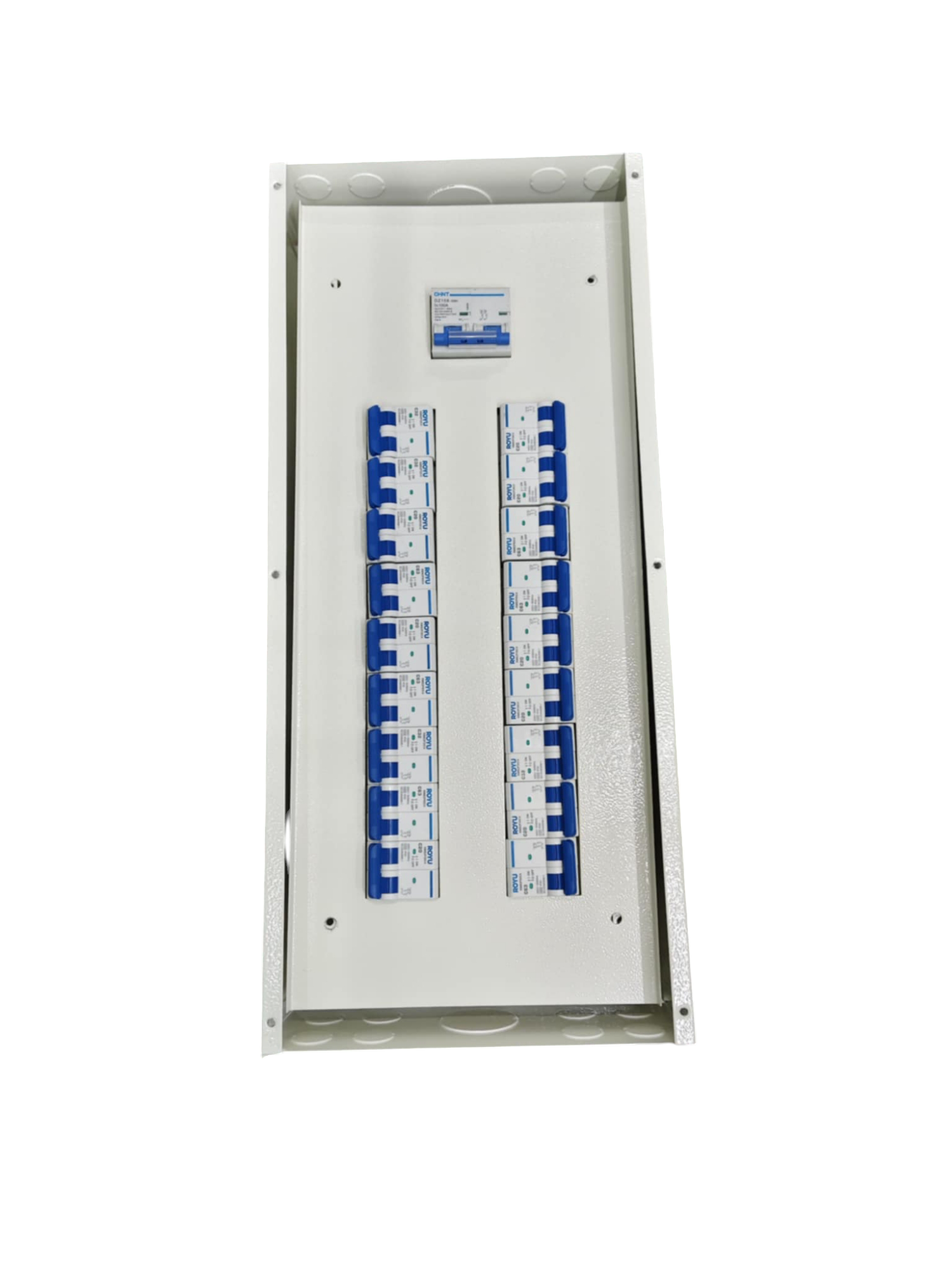 White metal electrical panel with two columns of blue 2P breakers Panel Board 18 Branches for Miniature 2P