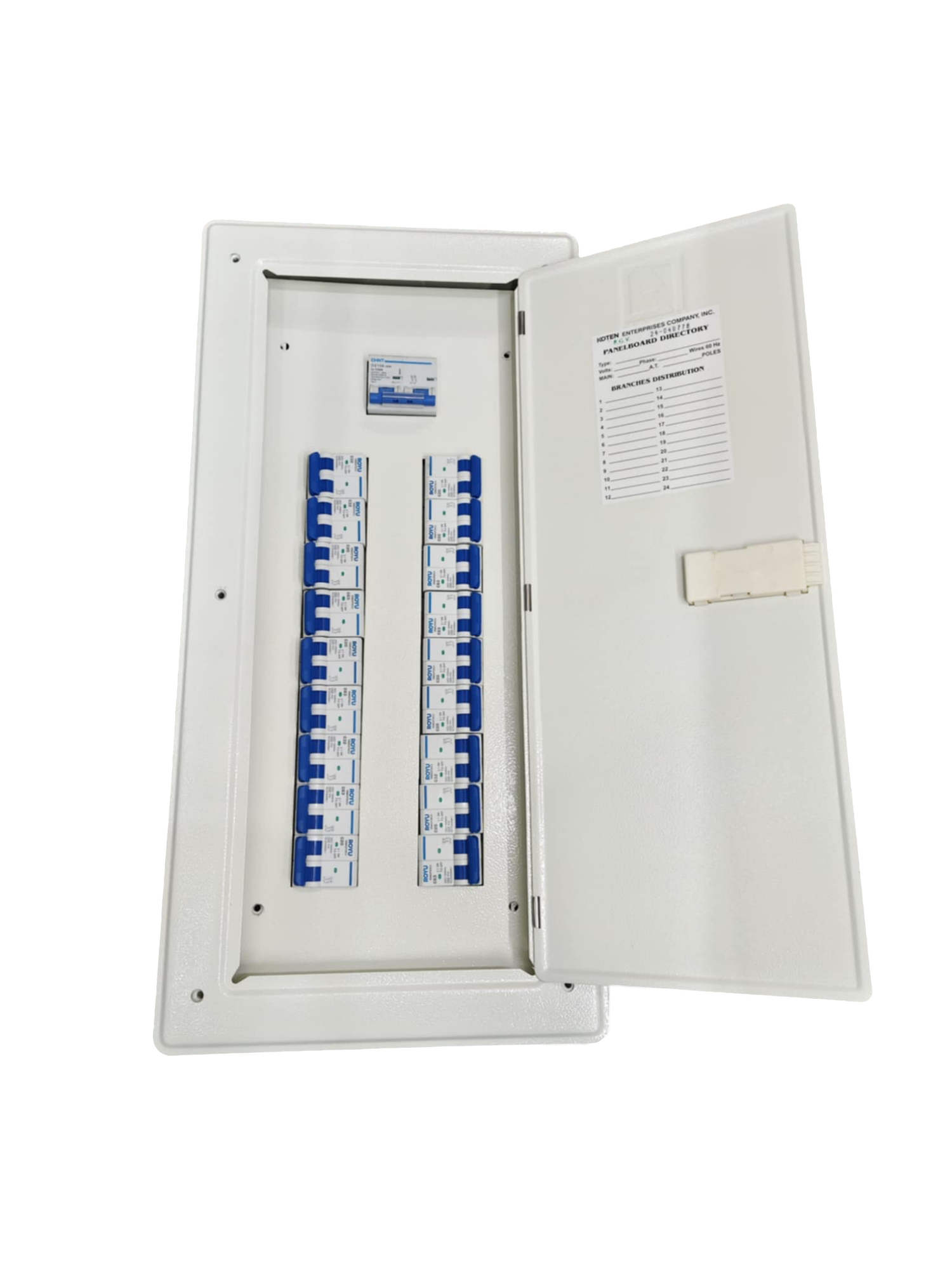 Open white electrical panel showing 18 blue breakers in two columns and label Panel Board 18 Branches for Miniature 2P
