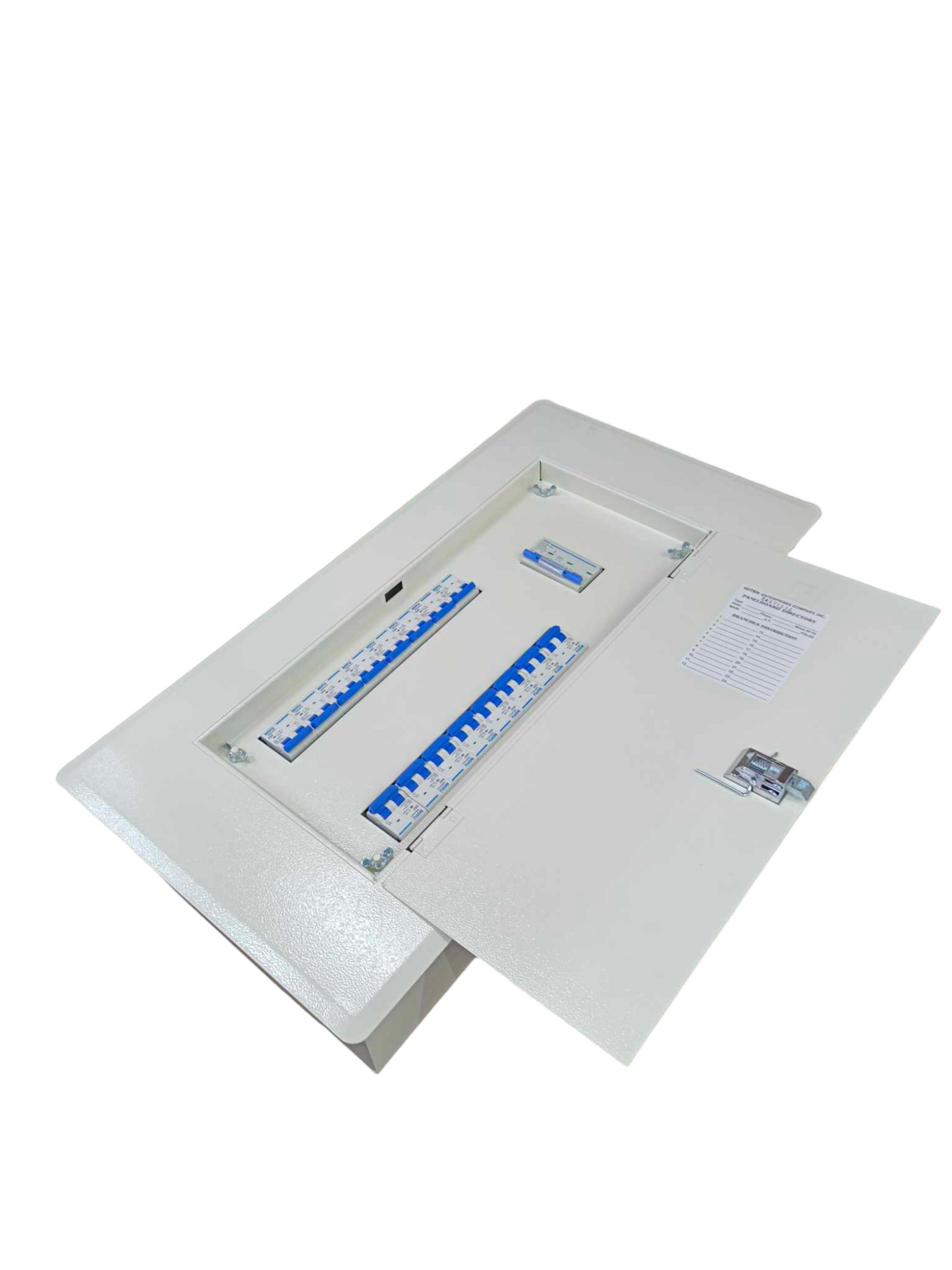 Panel Board for MCB 100A Main 2P white metal enclosure with hinged door showing blue MCBs Chint Koten Royu
