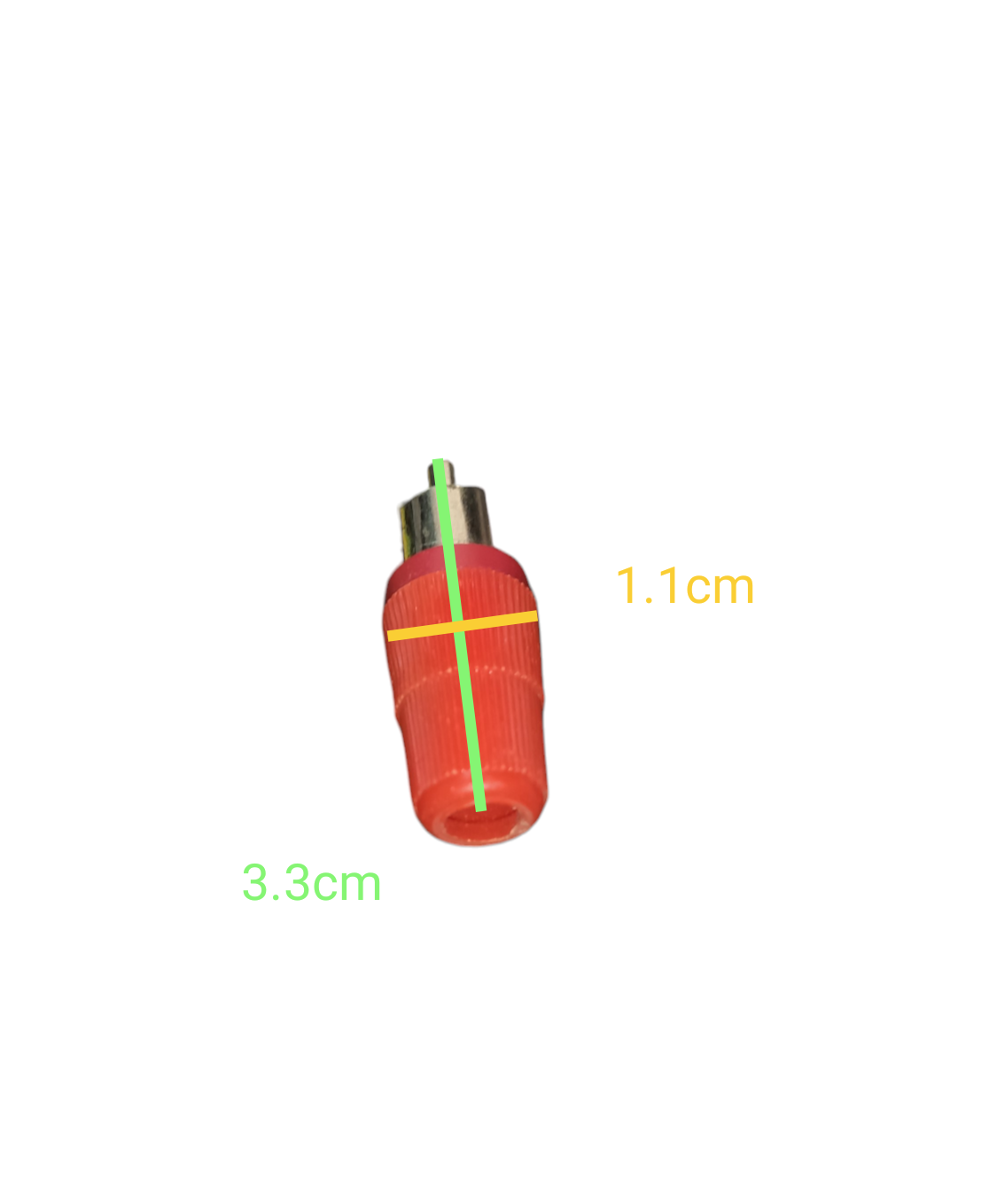 RCA Plug Connector Color Red metal tip with textured red insulating sleeve measurement markings on white background