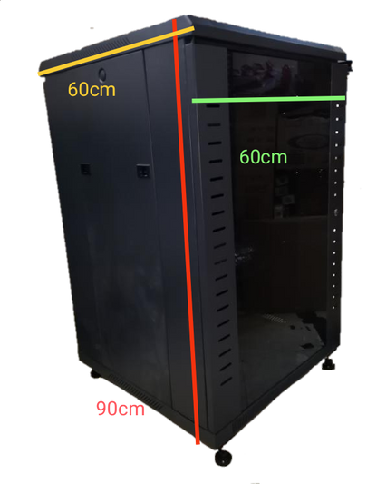 Grippes black Server Rack 18U with glass front door and 60cm by 90cm dimensions on caster wheels