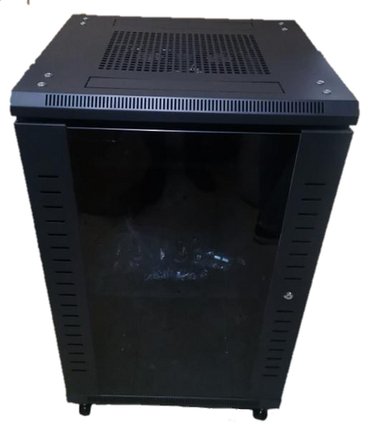 Grippes Server Rack 18U black metal electrical circuitry enclosure with ventilation and glass door