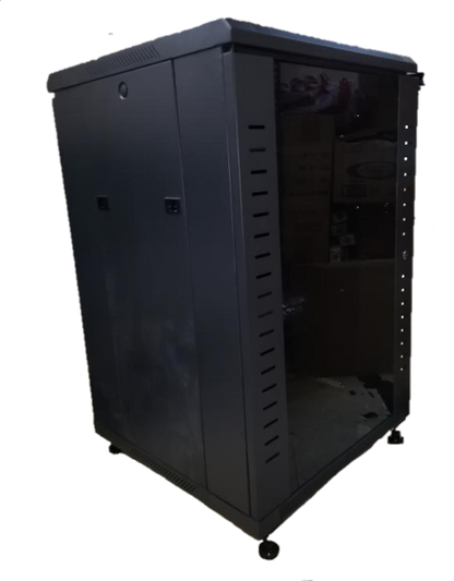 Grippes black metal Server Rack 18U with glass front door and ventilation slots on sides