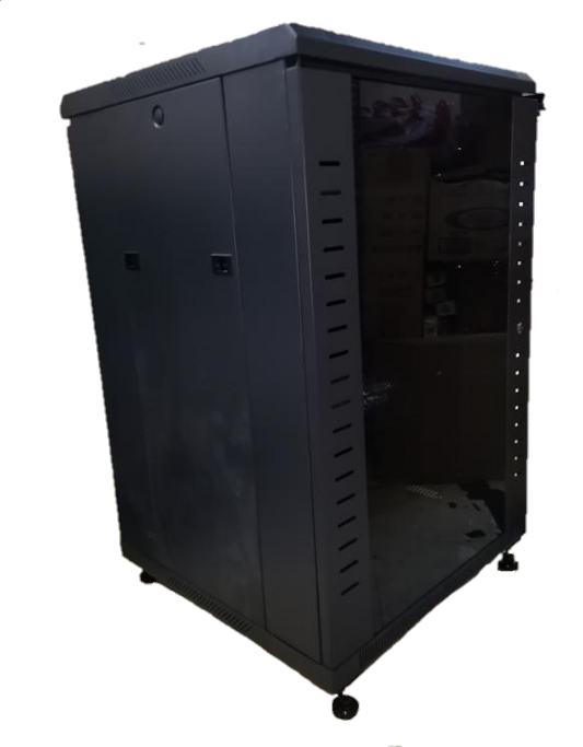 Grippes black metal Server Rack 18U with glass front door and ventilation slots on sides