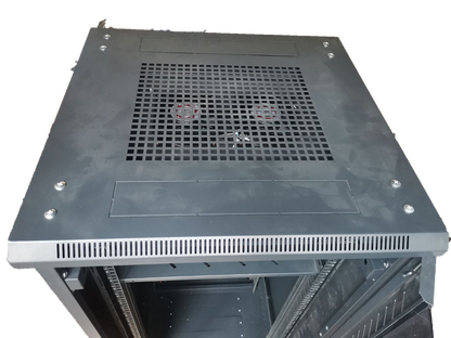 Grippes black metal Server Rack 18U with ventilation grid and mounting rails for electrical circuitry parts