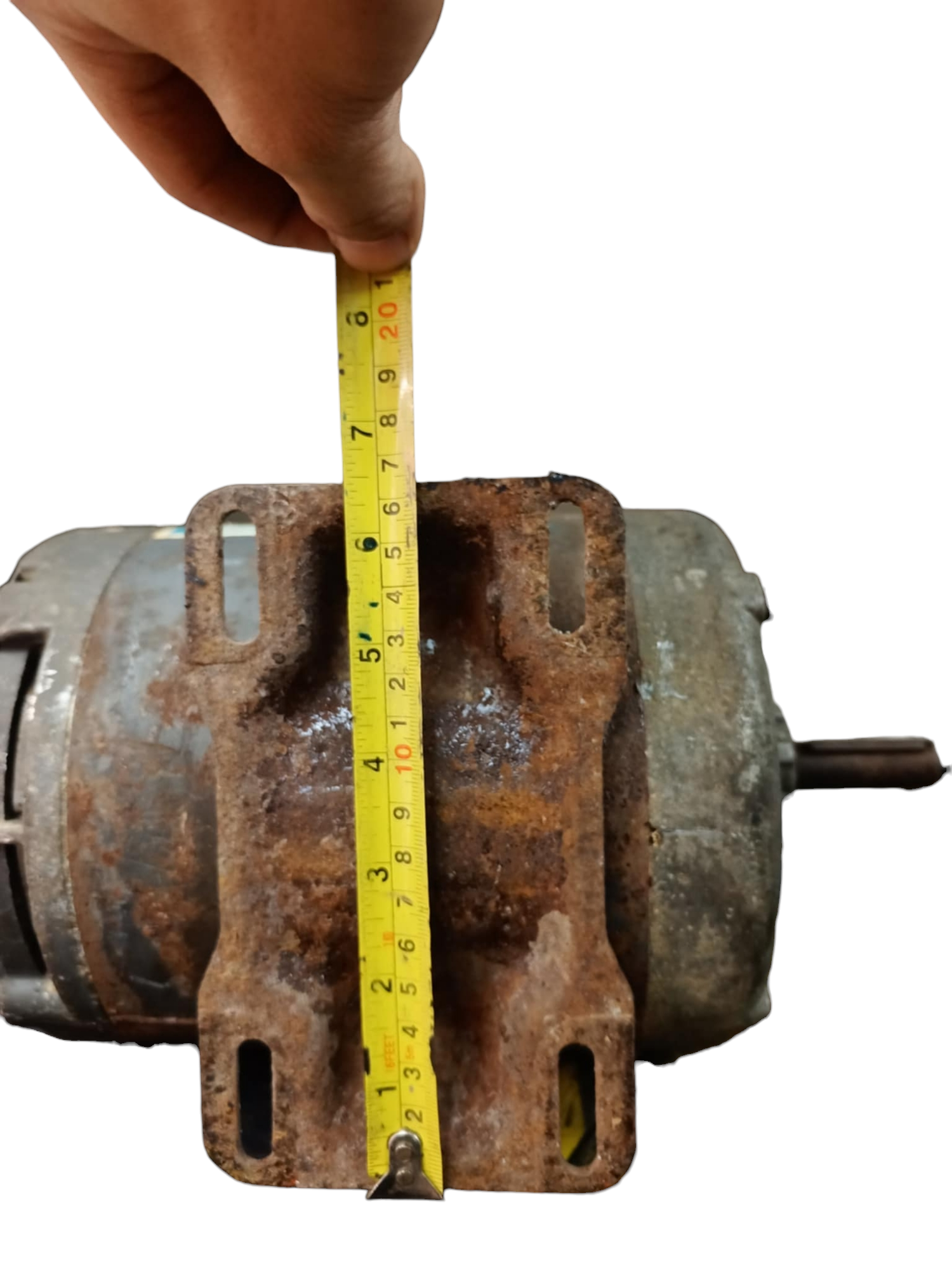 Gould RPM 1725 Refurbished electrical motor with rusted metal casing and measuring tape