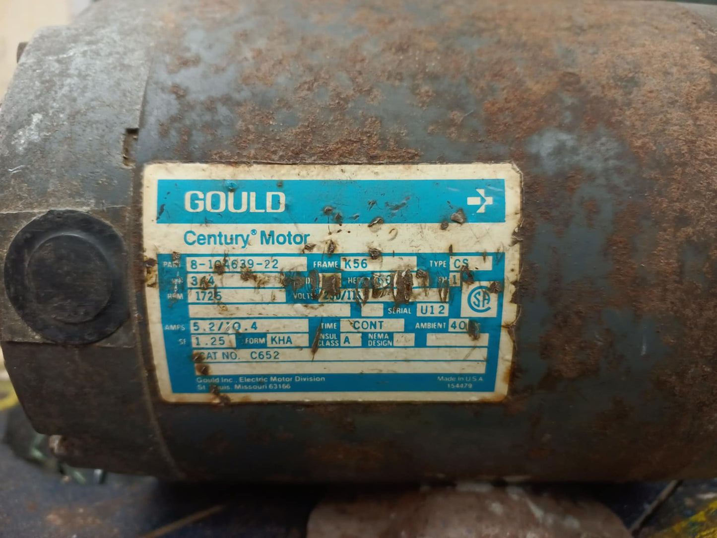 Gould electrical motor label showing RPM 1725 refurbished Century motor specifications