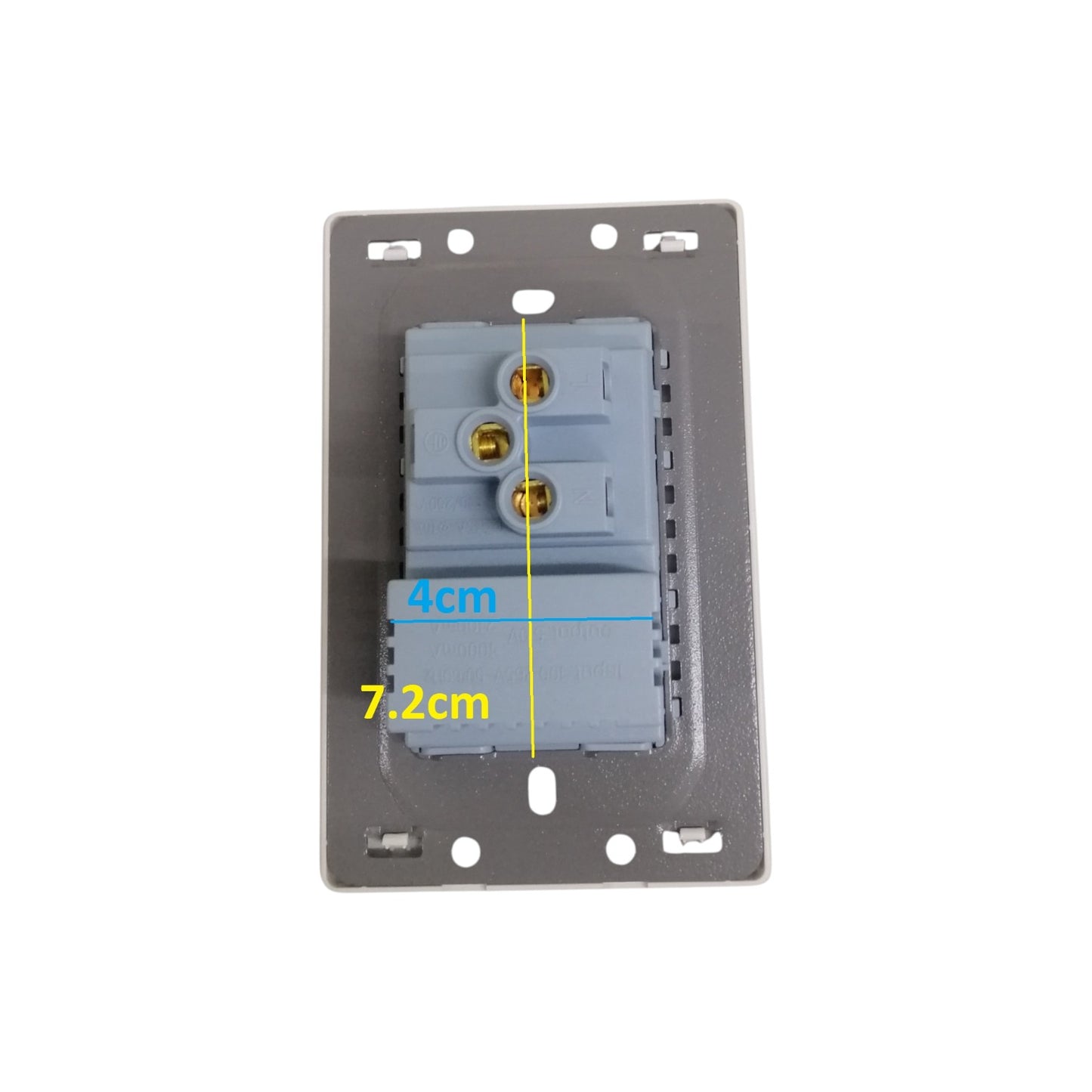 A gray electrical outlet backplate with a light blue terminal block showing two gold screw terminals, overlaid with yellow and blue dimension lines indicating 7.2cm width and 4cm depth on a white background.