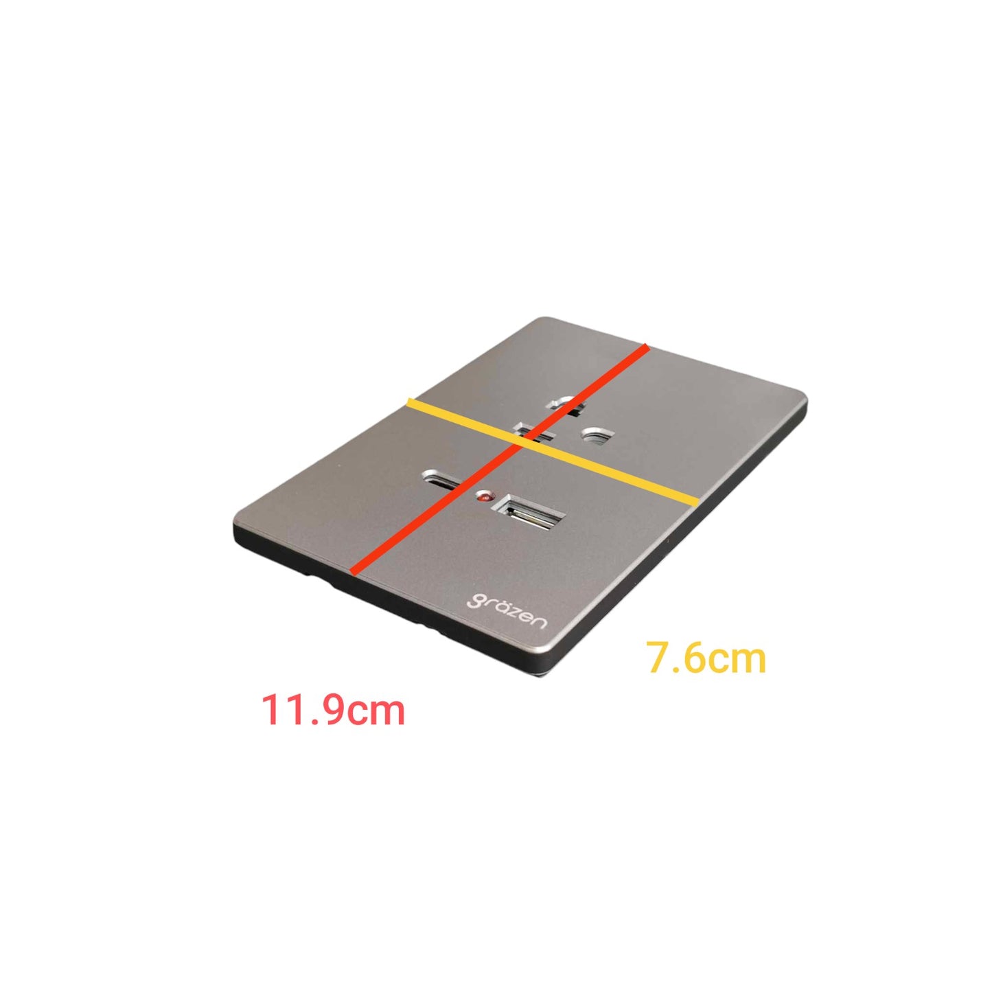 A rectangular metal mounting plate or tray shown on a plain white background, with red and yellow measurement lines and text indicating dimensions 11.9cm and 7.