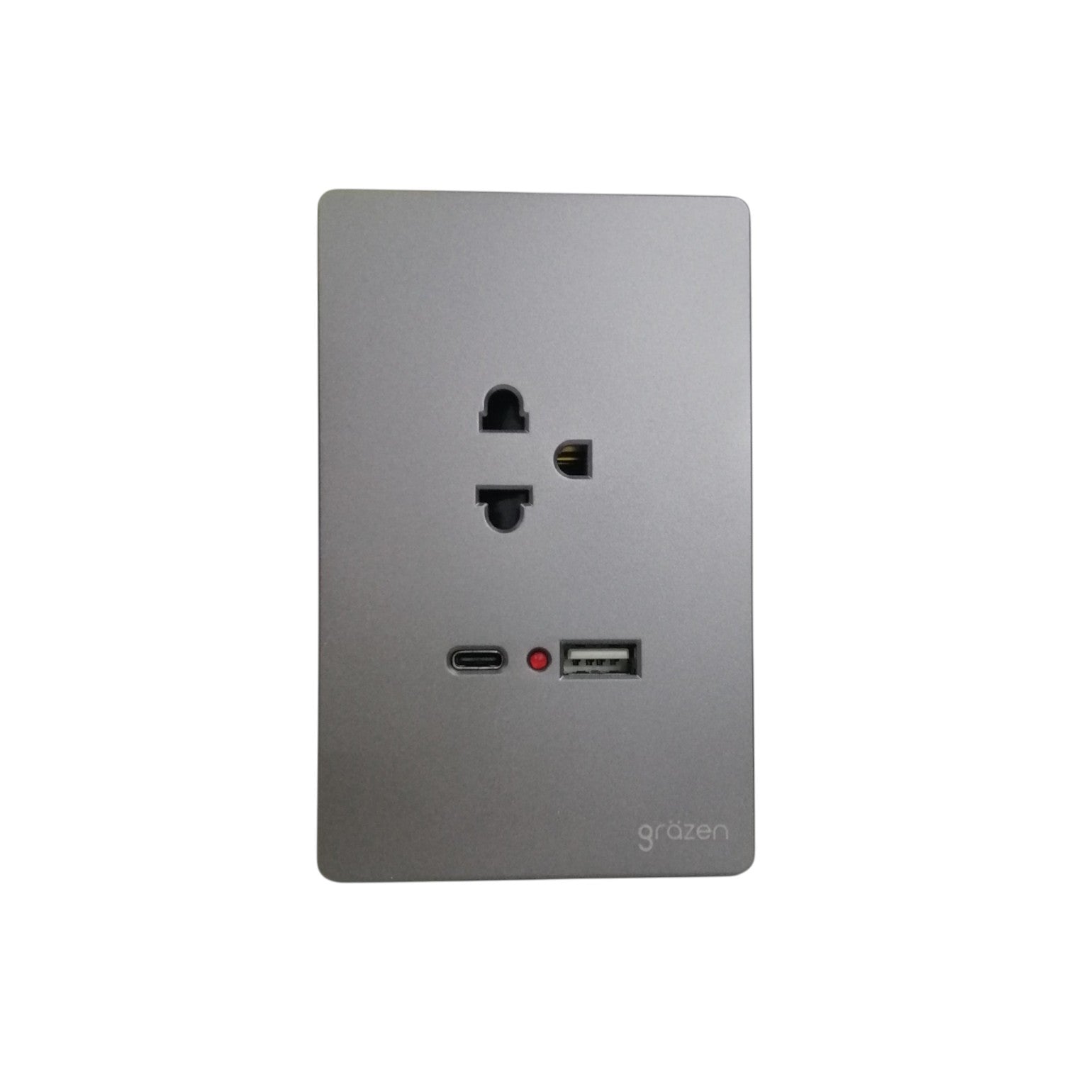 A square silver-gray wall outlet cover plate featuring a US outlet, a USB-C port, a USB-A port, a small red indicator light, and the 'gräben' brand logo in the bottom right corner, shown on a plain white background.