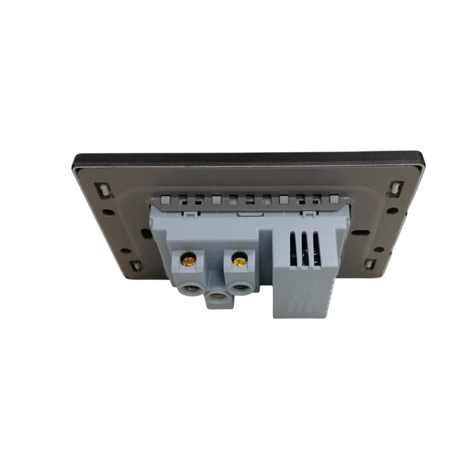 A rear view of a dark gray electronic module or panel with a light gray terminal connector block, shown on a plain white background.