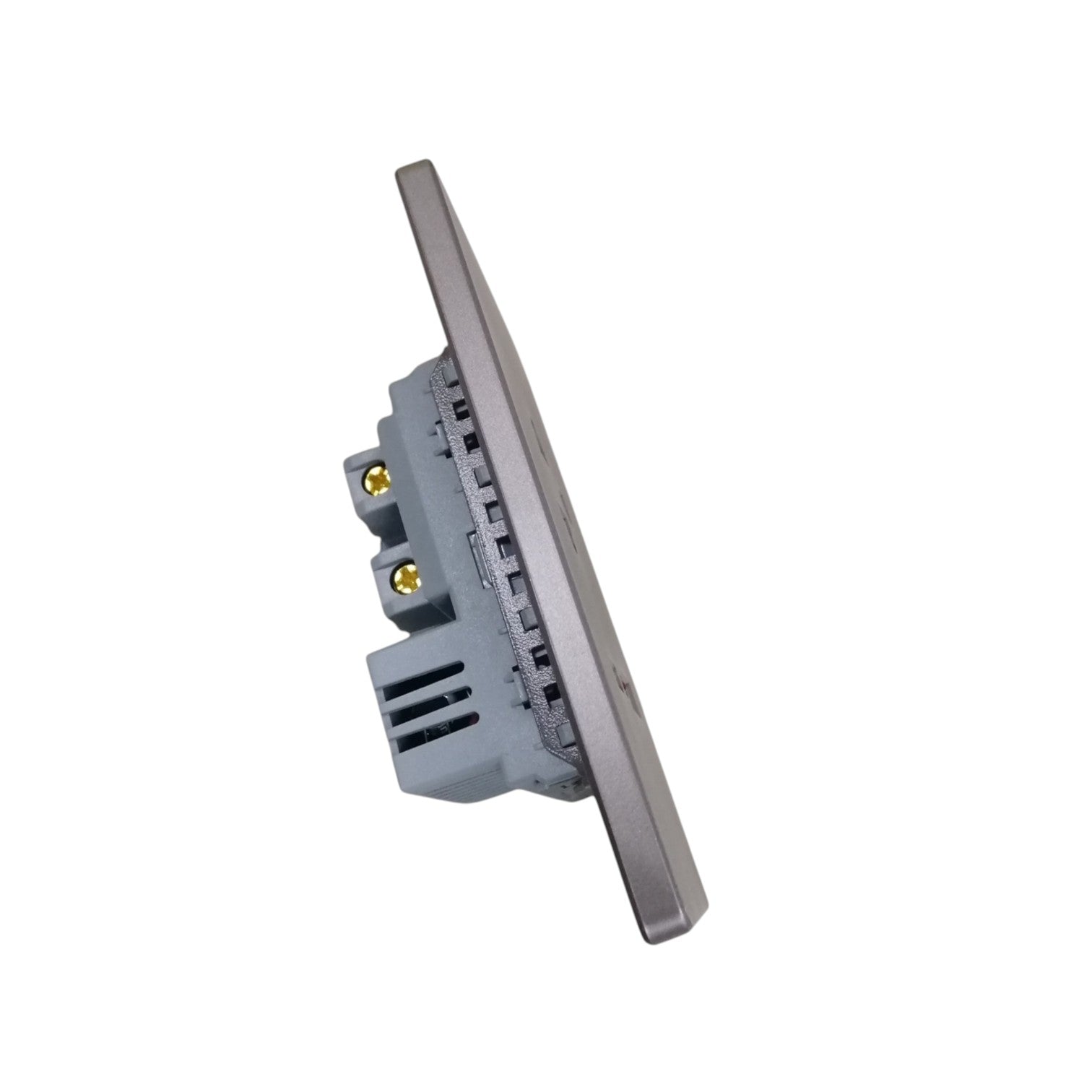 A gray electronic module or switch component with a flat rectangular top and three terminal connectors, shown at an angle on a plain white background.