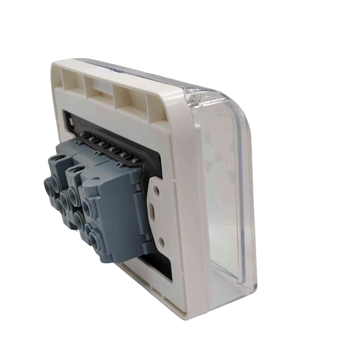 A white plastic electrical terminal block with gray screw connectors and a clear protective cover, shown on a white background.