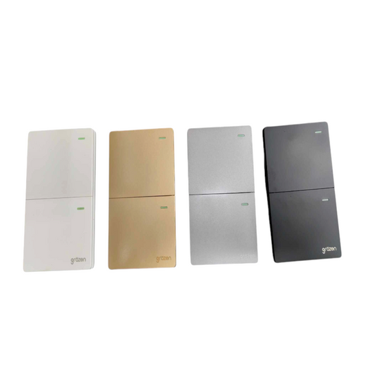 Four modern wall-mounted electronic control panels in white, champagne gold, silver, and dark gray, arranged side-by-side on a plain white background.