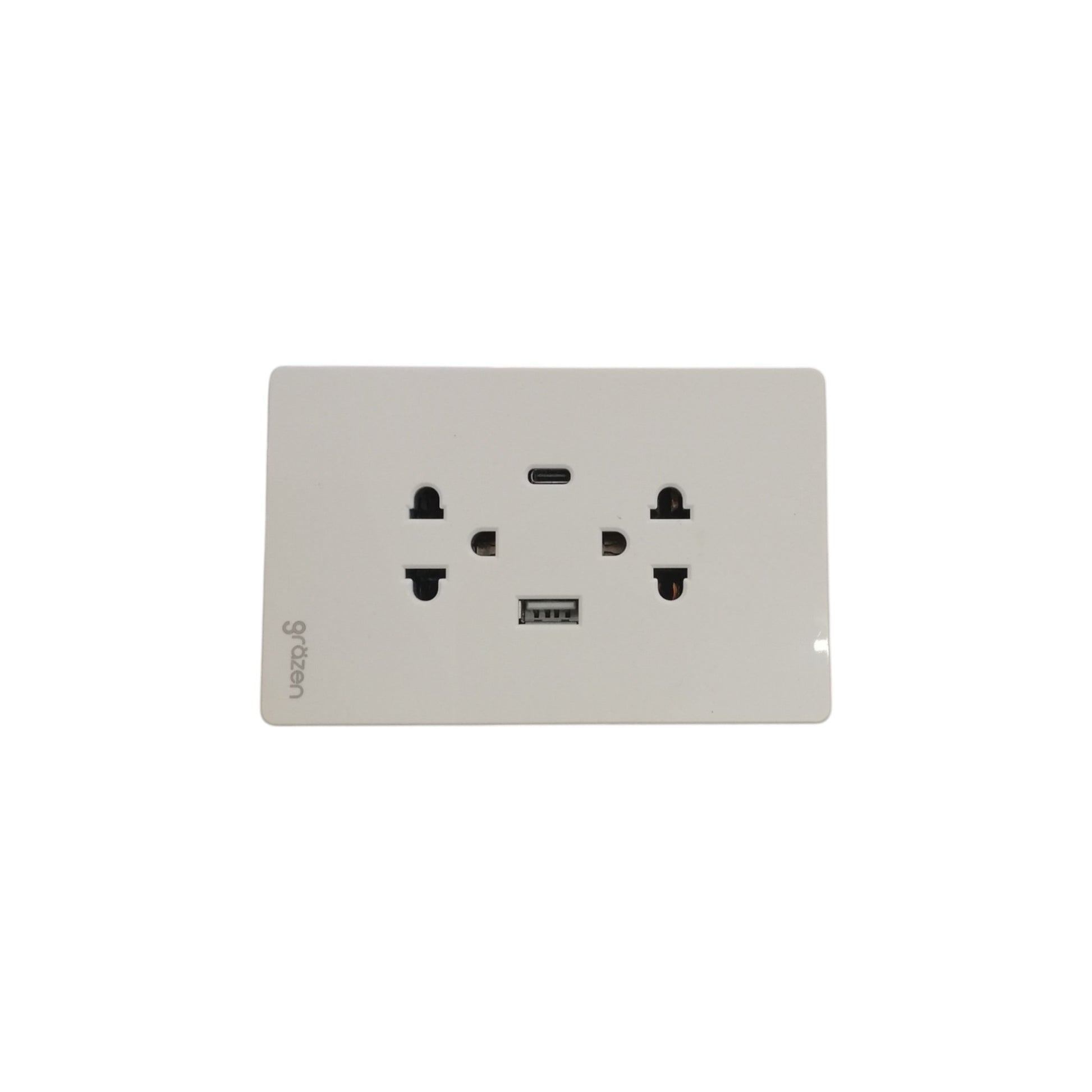 Grazen 2 gang outlet with USB-C and USB-A in white with universal power sockets