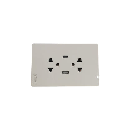 A white wall-mounted power strip featuring a dual UK three-pin wall outlet, a USB-C port, and a small LED indicator light, shown against a plain white background.