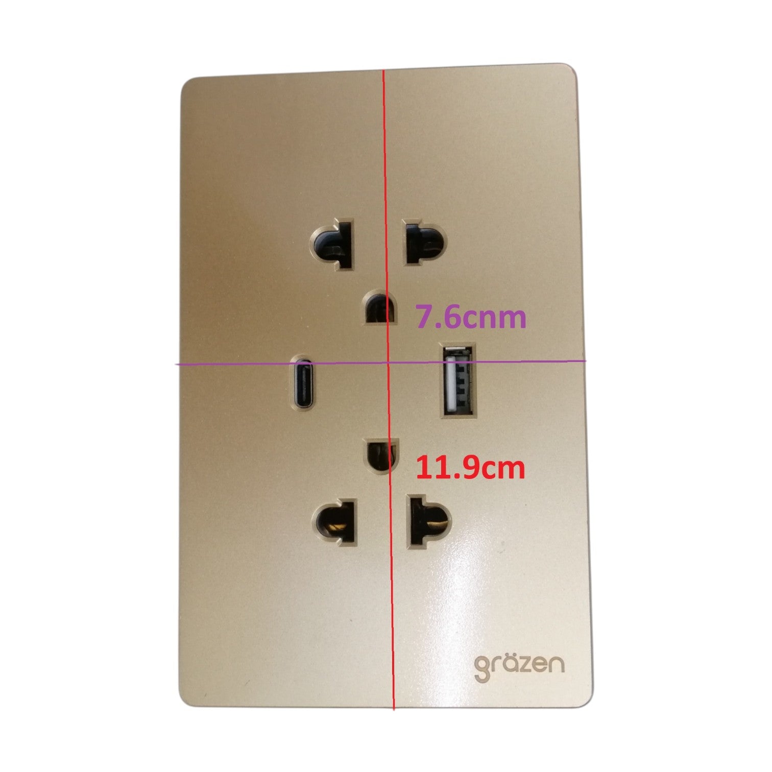 A gold wall-mounted dual USB-A and US outlet power strip with dimension markings showing 7.6cm, 11.