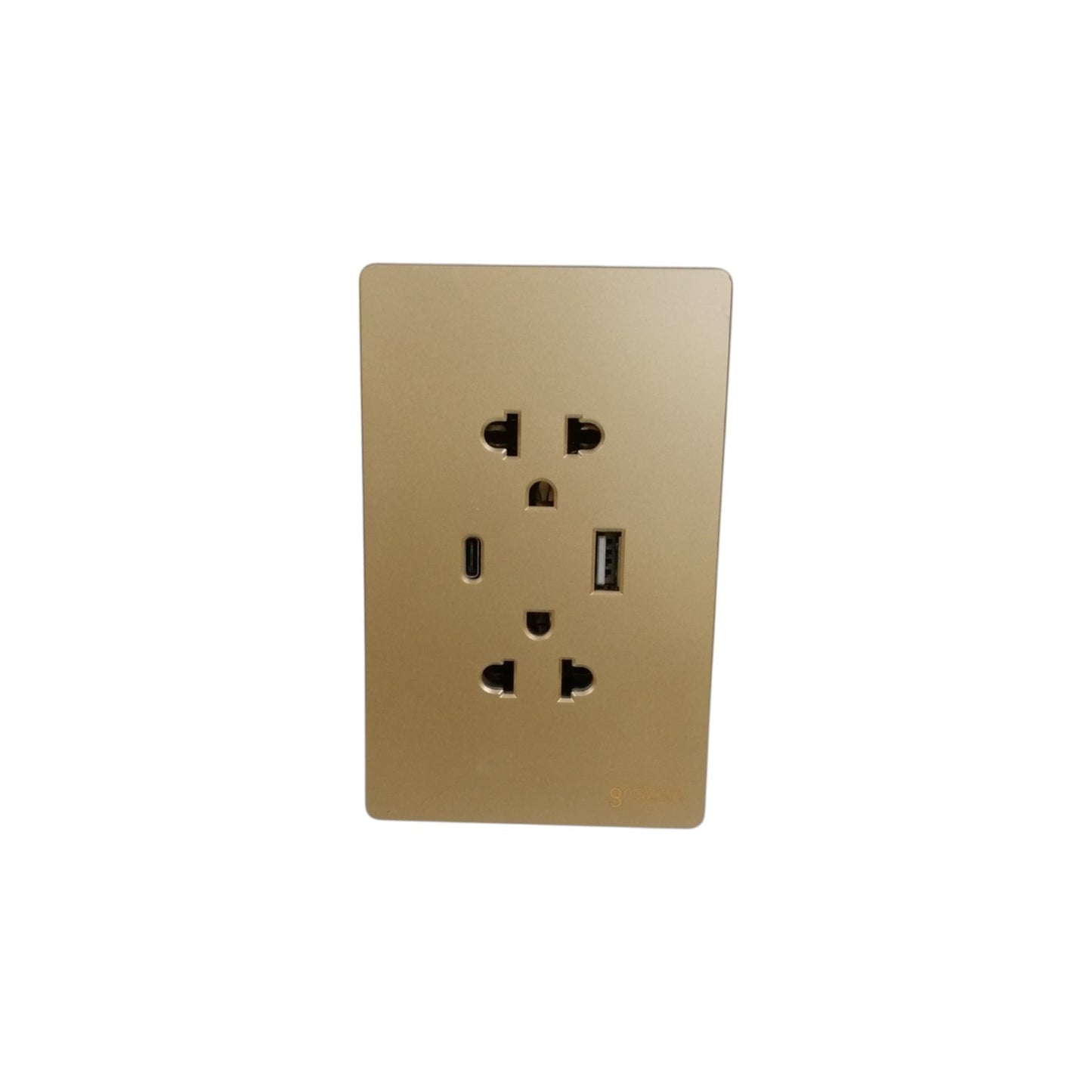 A modern wall outlet cover plate in a brushed gold finish, featuring a standard US three-prong outlet alongside a USB-C port, shown against a plain white background.