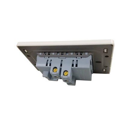 A gray electrical terminal block connector with two gold screw terminals, attached to a white mounting plate, shown on a plain white background.