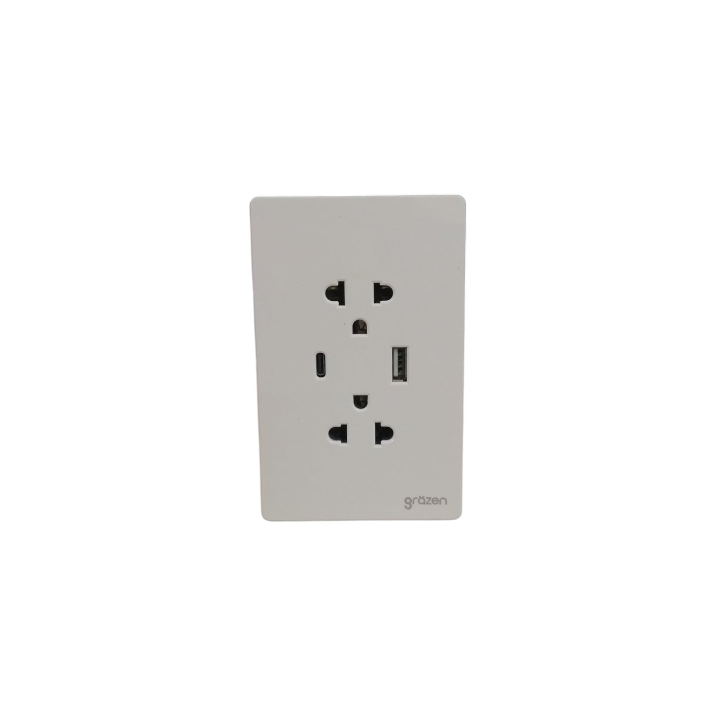 A white wall outlet cover plate featuring a USB-C port and a standard US outlet, branded 'grdain' in the bottom right corner, shown on a plain white background.
