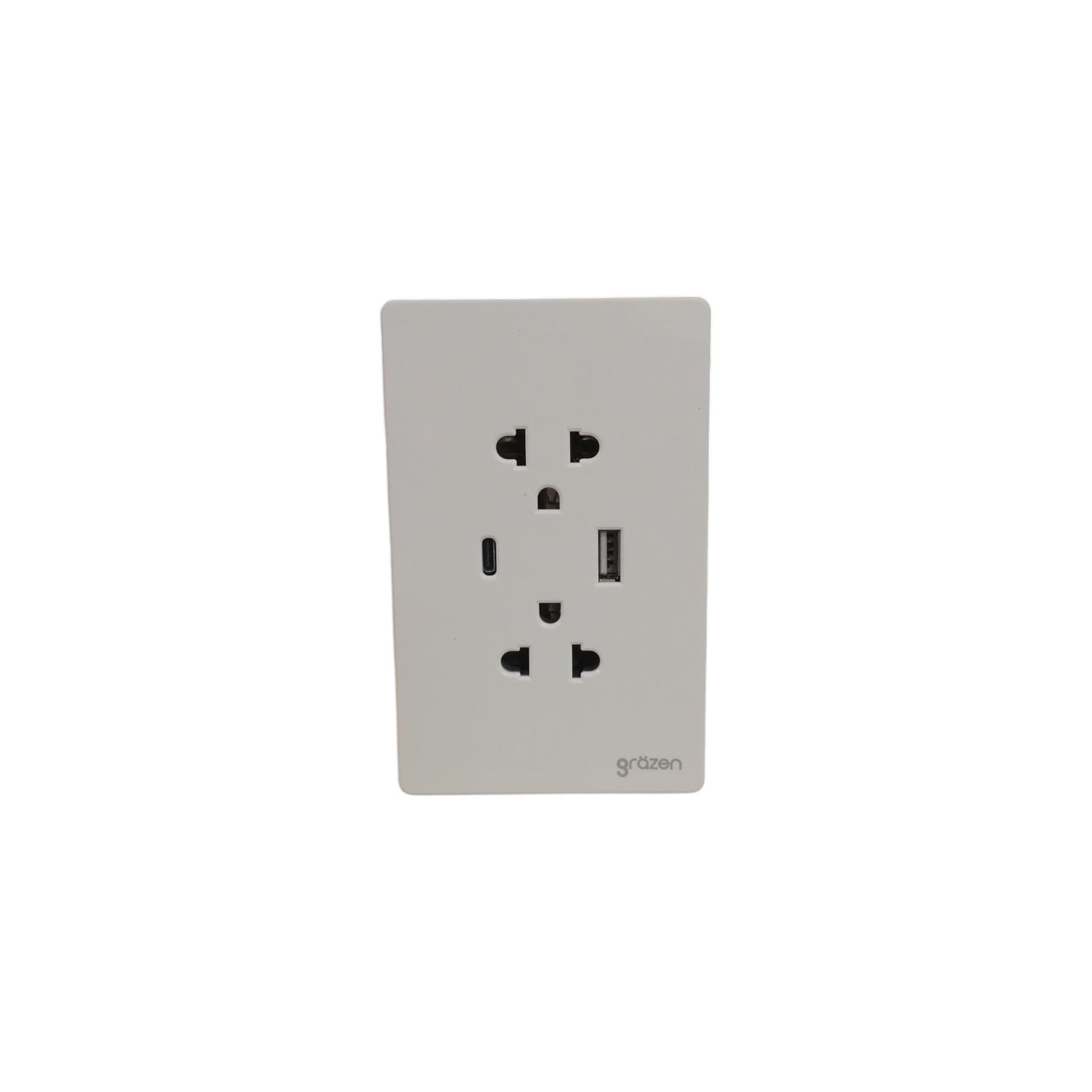 A white wall outlet cover plate featuring a USB-C port and a standard US outlet, branded 'grdain' in the bottom right corner, shown on a plain white background.