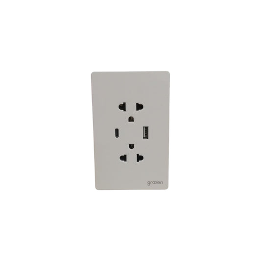 A white wall outlet cover plate featuring a USB-C port and a standard US outlet, branded 'grdain' in the bottom right corner, shown on a plain white background.