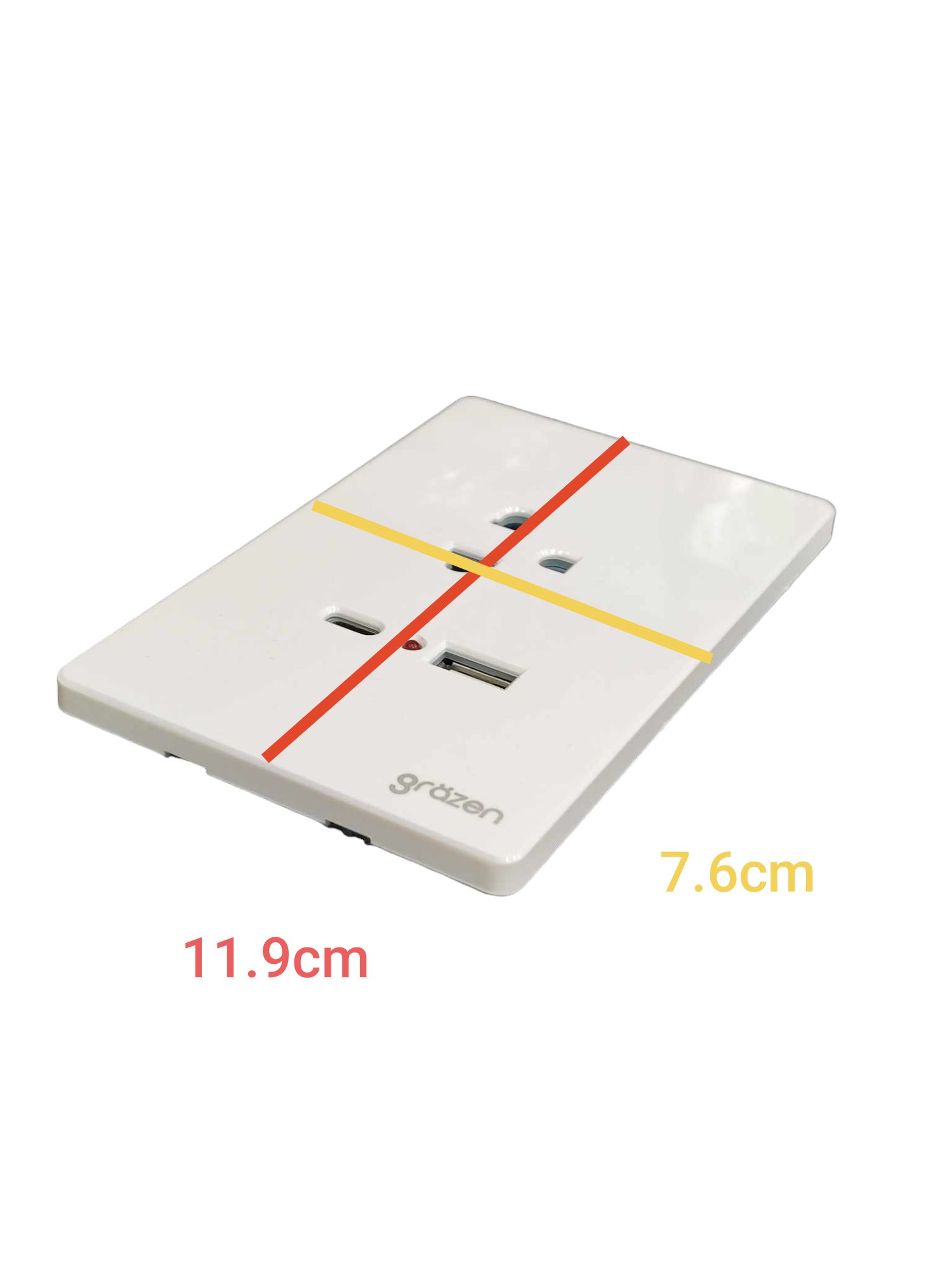 White wall outlet cover plate with two USB-A ports and a power strip socket, overlaid with red and yellow measurement lines and text showing dimensions 11.9cm, 7.