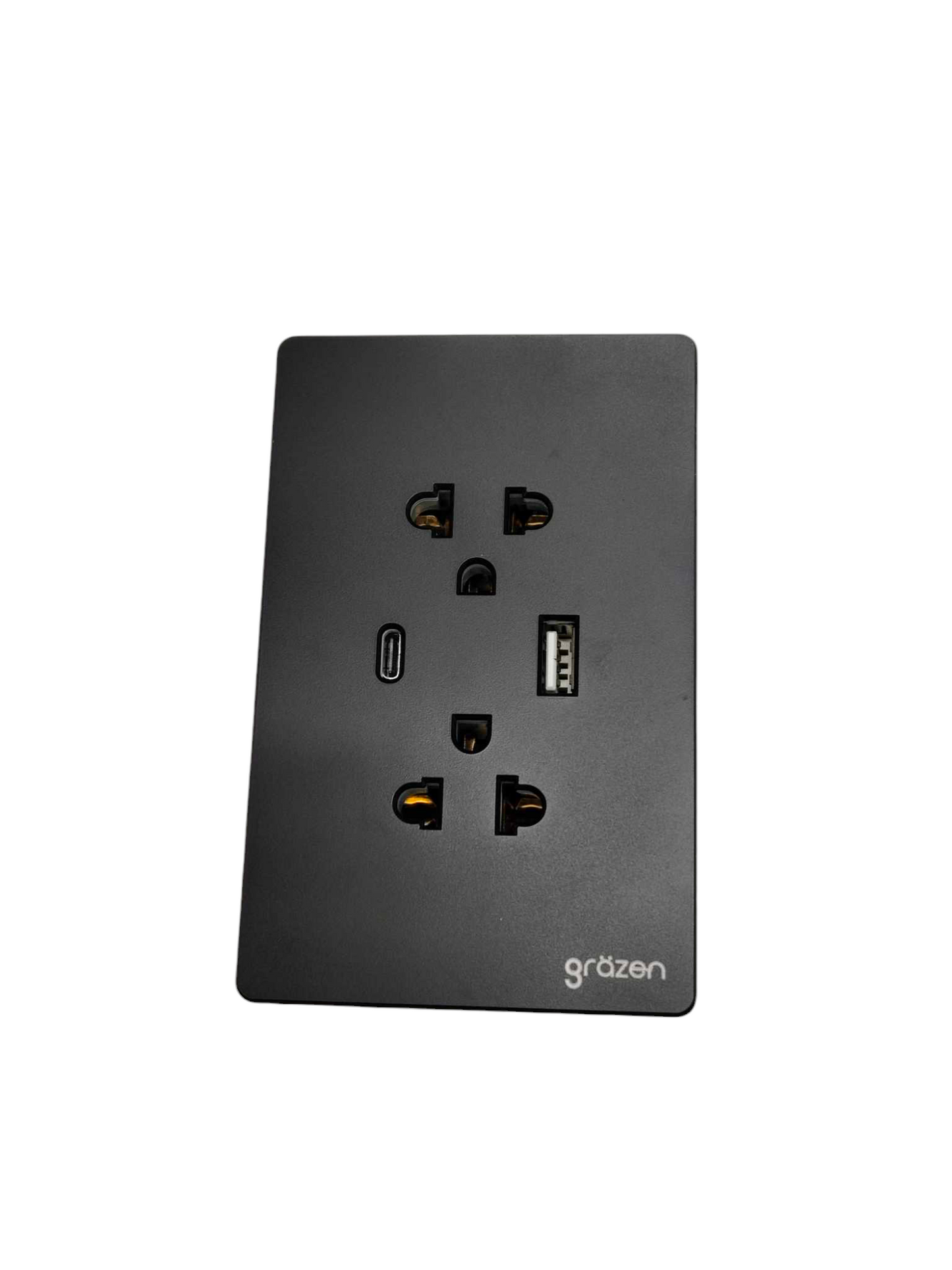 A black GRTZEN wall outlet power strip with multiple USB-C and USB-A ports, shown on a plain white background.