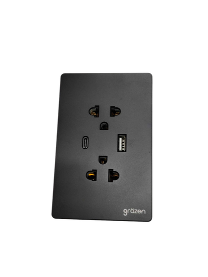 A black GRTZEN wall outlet power strip with multiple USB-C and USB-A ports, shown on a plain white background.