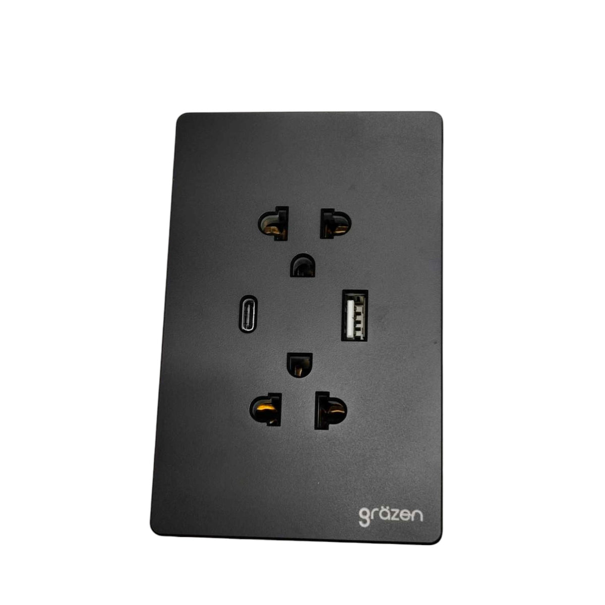 Grazen 2 Gang Outlet with USB-C 2100mAh Gra5VDC and USB-A 2100mAh 5VDC Outlet with Plate Cover GW-015 Black