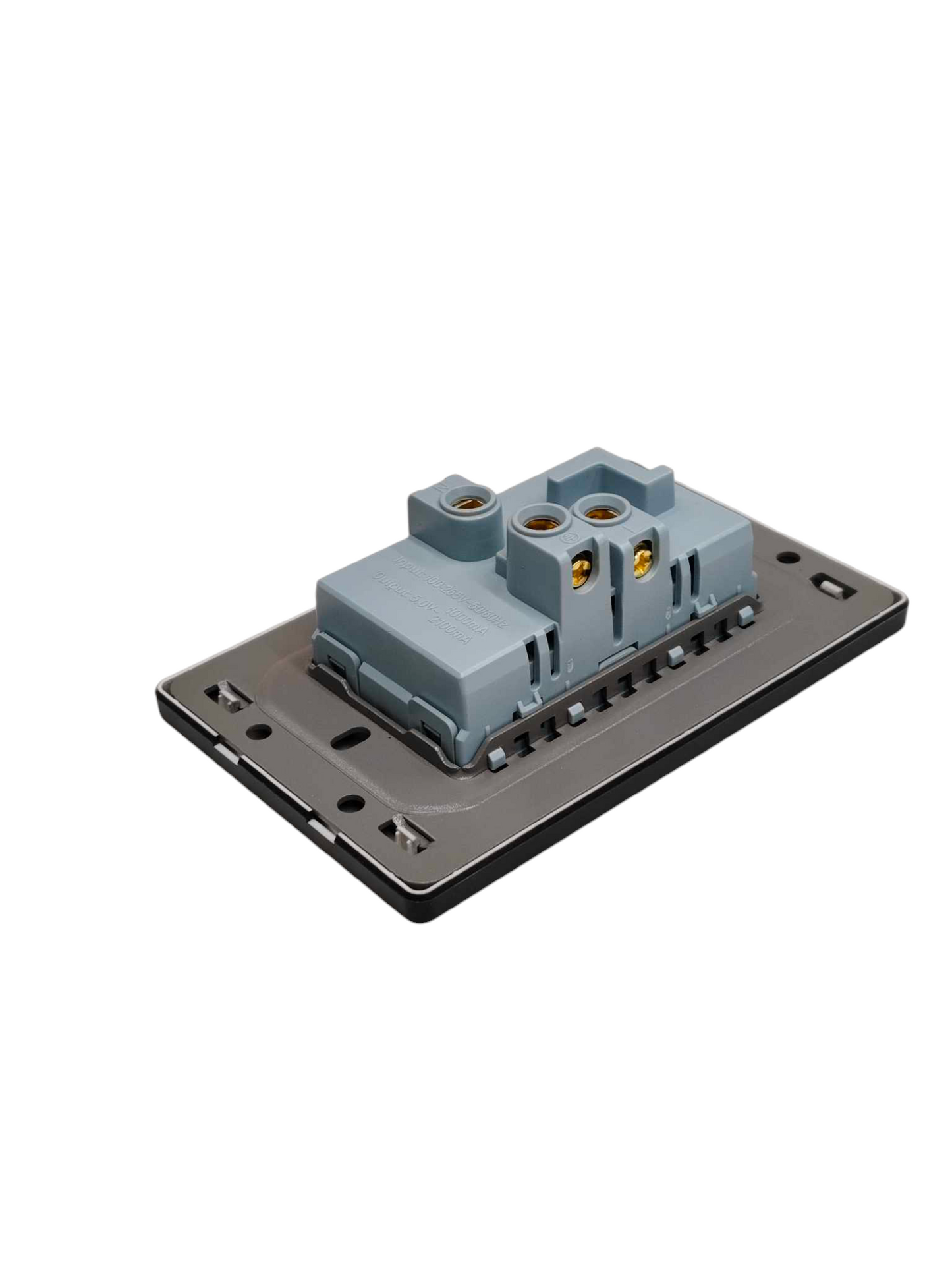 An industrial electronic module with a light blue-gray plastic housing and a dark gray metal base plate, featuring terminal connections on top, isolated on a white background.