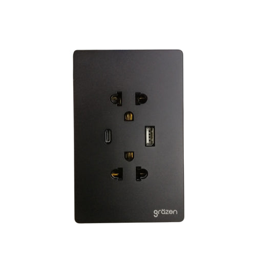 A black Gräzen wall outlet panel featuring two standard US outlets, one USB-C port, and one USB-A port, shown on a solid white background.
