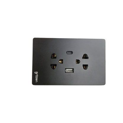 A black rectangular wall outlet panel with a USB-C port and a USB-A port, featuring the 'g-dosen' brand name on the left side, set against a plain white background.