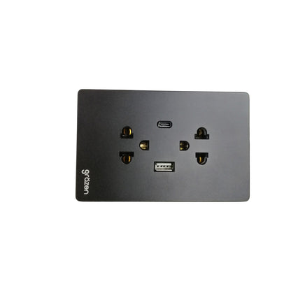 Grazen 2 Gang Outlet with USB-C 2100mAh Gra5VDC and USB-A 2100mAh 5VDC Outlet with Plate Cover GW-015 Black
