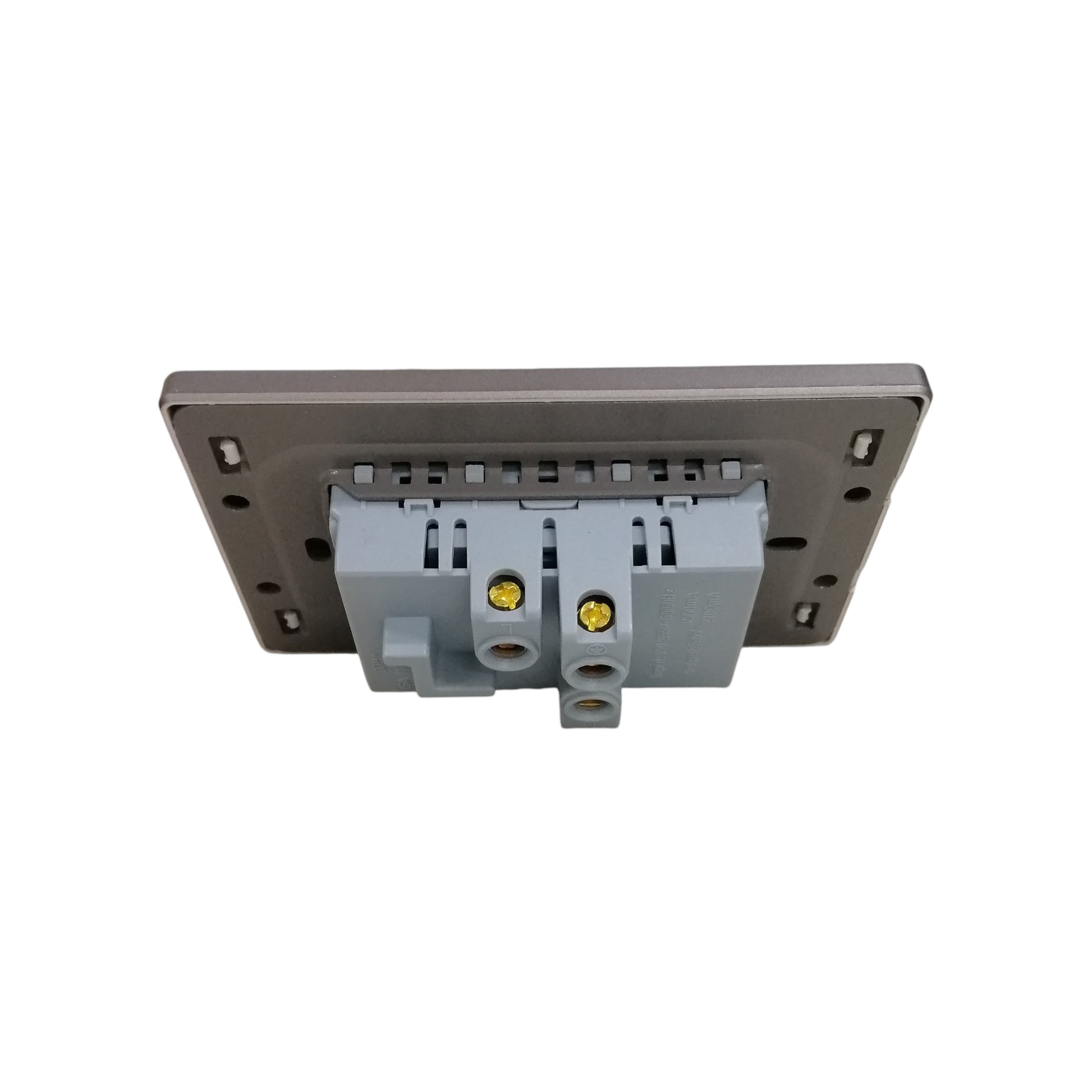 A gray industrial electrical terminal block connector with two yellow screw terminals, mounted on a larger gray metal plate with mounting holes, shown against a plain white background.