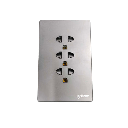 A rectangular brushed stainless steel double outlet wall plate with the 'gräzen' brand logo printed in white at the bottom right, shown against a plain white background.