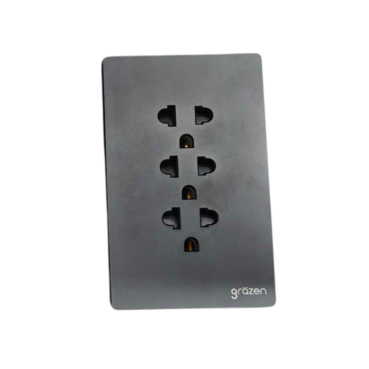 A rectangular dark gray wall outlet cover plate with four outlets and the brand name 'gräzen' printed in white at the bottom right, shown on a plain white background.
