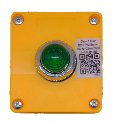 Auspicious green pilot lamp with enclosure mounted on a yellow BX-1 PVC button box with screws