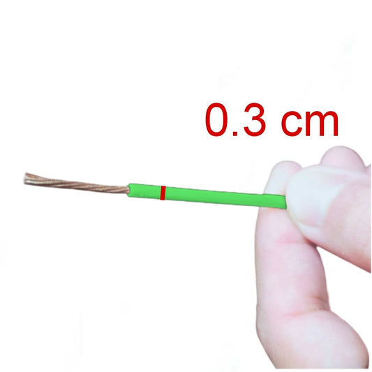 Hand holding green THHN THWN wire 1 meter with exposed copper strands and 0.3 cm diameter marking