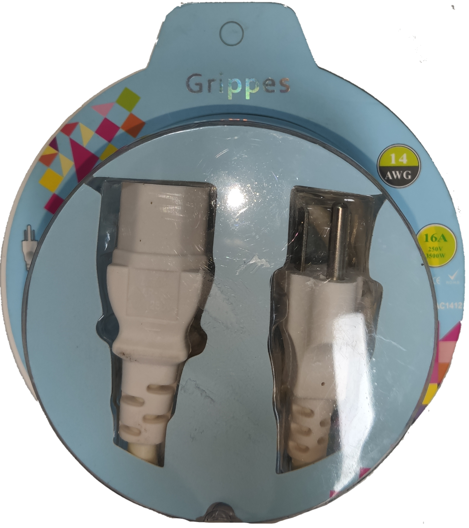 Grippes Rice cooker Cord 15A w250V with white connectors in blue packaging for kitchen appliance use