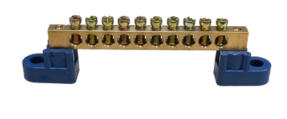 Grippes Grounding Bus Bars 4 Holes with brass bar and blue mounting brackets for electrical circuitry