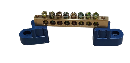Grippes grounding bus bars 4 holes with brass connector and blue mounting brackets for electrical circuitry