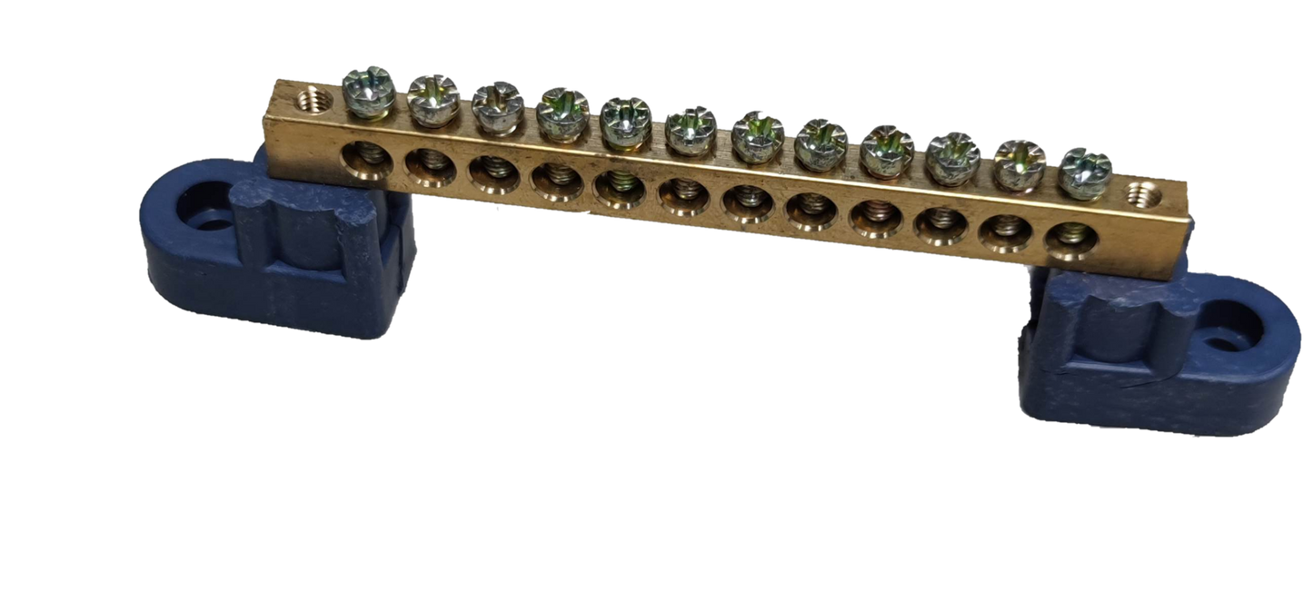 Grippes Grounding Bus Bars 4 Holes with multiple screw terminals on black and blue base