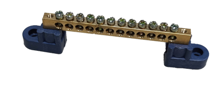 Grippes Grounding Bus Bars 4 Holes with multiple screw terminals on black and blue base